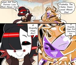 1boy 1boy1girl 1girls armor breasts dialogue dongwongtang female femboy friends gold_(metal) levi_(dongwongtang) makeup male original_characters purple_skin red_hair white_skin wide_hips
