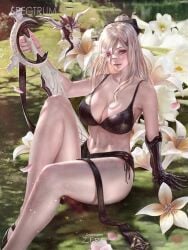 1girls abs amputee armor armored_gloves artist_name artist_signature bangs belly_button black_bra blush bra breasts drag-o drag-on_dragoon drag-on_dragoon_3 dragon drakengard drakengard_3 fit fit_female flower flower_in_eye hi_res highres huge_breasts legs light-skinned_female light_skin lingerie lips lipstick long_hair medium_breasts mikhail_(drag-on_dragoon) pond ponytail red_eyes sole_female solo_female straps sword thighs water weapon white_hair yam_spectrum zero_(drag-on_dragoon) zero_(drakengard)
