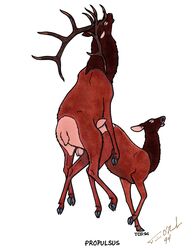 1990s 1994 20th_century 90s anatomically_correct anatomically_correct_genitalia animal_genitalia antlers backsack balls brown_fur cervine cervine_genitalia closed_eyes cloven_hooves duo elk female feral feral_on_feral from_behind_position fur genitals hooves horn jumping male mammal mounting multicolored_fur orgasm penetration penis raised_leg raised_tail sex simple_background straight tim_o'rourke tongue tongue_out two_tone_fur vaginal_penetration white_background year