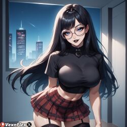 ai_generated artist_name bangs black_hair black_lips black_nails black_shirt black_thighhighs blue_eyes breasts building cowboy_shot crop_top female garter_straps glasses goth goth_girl gothic hand_on_own_thigh heart hi_res high_resolution indoors large_breasts leaning_forward lipstick long_hair looking_at_viewer makeup midriff miniskirt navel night parted_lips patreon plaid plaid_skirt pleated_skirt red_skirt rosa_(vexnflex) round_eyewear shadow shirt short_sleeves skirt smile solo standing stomach swept_bangs thighhighs thighs vexnflex watermark