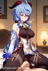 1boy 1girls ahoge ai_generated artist_name bangs bare_shoulders bell belliora black_gloves blue_hair blush bodysuit breasts clothed_female_nude_male cowgirl_position cunnilingus detached_sleeves female ganyu_(genshin_impact) genshin_impact gloves horns large_breasts long_hair pantyhose patreon purple_eyes sitting sitting_on_person smile straight thighs