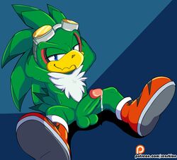 anthro avian balls bird blue_eyes chest_tuft clothing erection eyewear footwear goggles half-closed_eyes hands_behind_head hawk jet_the_hawk looking_at_viewer male male_only penis precum presenting senshion shoes simple_background sitting smile solo sonic_(series) sonic_riders sonic_the_hedgehog_(series) spreading sweat tuft url