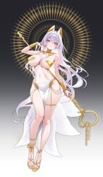 1girls absurdres ancient_egyptian_clothes animal_ears arm_tattoo armor armpits bare_arms bare_legs between_breasts breast_tattoo breasts chano39 clothes_between_breasts commission covered_navel fake_animal_ears female female female_only full_body gladiator_sandals gold_thighlet hair_intakes highres holding holding_staff large_breasts long_hair looking_at_viewer original pasties pelvic_curtain purple_eyes revealing_clothes sandals skindentation solo staff stomach tattoo thick_thighs thighs underboob usekh_collar very_long_hair white_hair wide_hips