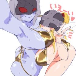 2girls absurd_res absurdres angel angewomon ass bikini blonde_hair butt devil digimon digimon_(species) digimon_adventure female gerusyu golden_bikini golden_week grey-skinned_female hi_res highres ladydevimon light-skinned_female toei_animation