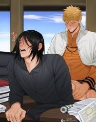 2boys amputee anal anal_sex anal_sex background bent_forward bent_over bent_over_table black_eyes black_hair blonde_hair blue_eyes blush blush blush_lines boruto:_naruto_next_generations bottomless clenched_hand cloak desk drool gay gay_anal gay_domination gay_male gay_sex grabbing grabbing_from_behind grabbing_hips implied_anal implied_penetration light-skinned_male light_skin looking_pleasured male male/male male_focus male_only male_penetrated male_penetrating male_penetrating_male medium_hair naruto naruto_(series) nekido office open_mouth pleasure_face sasuke_uchiha shirt spiky_hair straight_hair uzumaki_naruto yaoi