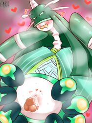 1boy 1girls anthro celesteela closed_eyes cum cum_in_pussy cum_inside disembodied_arms drooling eyelashes female green_hair green_skin hair_over_eyes heart human interspecies long_hair long_neck male nintendo open_mouth penis pink_background pokemon pokemon_sm pussy saliva sex smile straight sweat testicles text trembling video_games white_skin wonkake