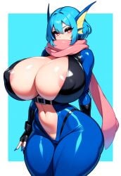 1girls ai_generated areola areolae arm_at_side arm_behind_back belt belt_buckle bimbo bimbo_body bimbofication bimbofied blue_hair bodysuit breasts breasts_bigger_than_head cameltoe center-flap_bangs cleavage colored_nails covered_mouth deep_cleavage eyeshadow female fingerless_gloves frontless_outfit gigantic_breasts gloves greninja head_fin head_fins huge_ass huge_breasts humanization humanized humanized_pokemon legs_together light_blue_hair long_eyelashes long_nails long_scarf makeup massive_ass massive_breasts navel navel_cutout ninja nipple_bulge novelai pokemon pokemon_(species) pokemon_xy red_eyes scarf scarf_over_mouth serious shinobi shiny_clothes shiny_skin short_hair solo solo_female standing stomach_cutout tgm101_(artist) thick_thighs thin_waist white_pupils wide_hips