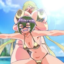 2girls absurd_res absurdres beach big_breasts bikini blonde_hair cho-hakkaimon digimon digimon_(species) digimon_xros_wars digimon_xros_wars-hunters female female_only gerusyu golden_bikini golden_week green_hair hi_res highres light-skinned_female sanzomon toei_animation yellow_eyes