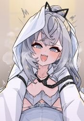 1boy after_kiss black_necktie blush breasts clothed_sex commentary cowgirl_position cum cum_in_pussy cum_overflow female grey_eyes grey_hair heart heart-shaped_pupils highres hololive hololive_indonesia long_hair looking_at_viewer medium_breasts moral_cacoethes necktie nipples official_alternate_costume official_alternate_hairstyle open_clothes open_mouth open_shirt paid_reward_available partially_unbuttoned penis saliva saliva_trail sex sharp_teeth shirt smile solo_focus straddling straight sweat symbol-only_commentary symbol-shaped_pupils teeth uncensored undone_necktie vaginal_penetration vestia_zeta vestia_zeta_(businesswoman) virtual_youtuber white_shirt