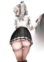 ass black_legwear black_skirt blue_eyes commentary_request cowboy_shot female from_behind hair_ribbon kantai_collection kashima_(kantai_collection) kneepits long_hair long_sleeves looking_at_viewer looking_back no_hat no_headwear panties panty_pull profile pussy_juice ribbon shirt silver_hair skirt socks solo souryu twintails underwear white_panties white_shirt