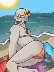 artist_signature artist_upload ass ass_focus beach beach_towel bikini digital_media_(artwork) flower_on_head kevin_sydney light-skinned_male light_skin looking_at_viewer looking_back male male_only marvel marvel_comics mischievous_smile morph morph_(marvel) no_visible_genitalia self_upload semi_clothed shapeshifter smiling smiling_at_viewer solo swimsuit tagme tongue tongue_out white_body x-men x-men_97 xenith_(artist)
