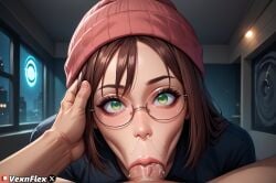 1boy :>= ai_generated beanie brown_hair family_guy fellatio female glasses green_eyes hat head_grab hi_res high_resolution indoors irrumatio lips looking_at_viewer male meg_griffin night oral patreon penis pov saliva shirt solo_focus straight veins veiny_penis vexnflex watermark window