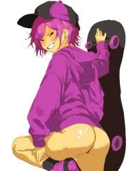 1boy 1male 2d ass bottomless boy cap cum cum_on_ass dot_eyes femboy feminine_male fusecoil fusecoil_(the_battle_bricks) gay hoodie looking_at_viewer male male_only pink_hair roblox roblox_game robloxian self_upload short_hair skateboard smile solo tagme thbththththb the_battle_bricks thighs yellow_skin