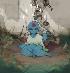 1girls belly blue_body broken chubby chubby_female cute detailed_background facial_markings featureless_crotch female female_focus female_only forehead_mark glowing greeting happy iterator_(rain_world) legs looks_to_the_moon_(rain_world) machine machinery mecha mechanical mechanical_arm neuron_fly_(rain_world) ocean rain_world robe robot robot_girl robot_humanoid robot_joints sea shiny_eyes shiny_skin sitting sitting_on_floor sitting_on_ground slightly_chubby slightly_chubby_female thick_thighs thighs tiles tummy water waving waving_at_viewer wire