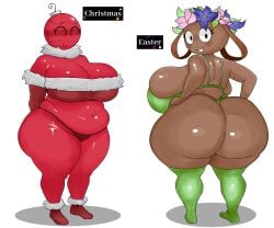 2girls back_view bassie_(dandy's_world) bobette_(dandy's_world) christmas_outfit chubby chubby_female dandy's_world dandys_world dark-skinned_female digital_drawing_(artwork) digital_media_(artwork) flowers hands_behind_back looking_at_viewer not_minus red_skin spring_(season) tall_socks text text_box thong toon toony white_background