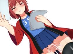 breasts clymenia coat female miniskirt no_panties non-web_source open_clothes open_coat original pussy pussy_juice red_coat red_hair short_hair skirt small_breasts standing white_background