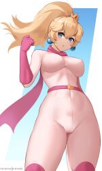 1girls 2020s 2022 alternate_version_available belt blonde_hair blue_earrings blue_eyes bodysuit camel_toe cameltoe clenched_fist clothing crown earrings eyebrows_visible_through_hair female female_focus female_only flowing_hair gloves hi_res hioyami human human_only jpeg mario_(series) mario_kart nintendo nipple_bulge open_eyes pearl_(gem) pearl_earrings pink_belt pink_bodysuit pink_clothing pink_gloves pink_scarf ponytail princess princess_peach princess_peach_(aero) scarf solo standing teeth tight_clothing