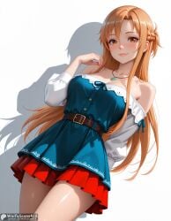 ai_generated asuna_(sao) bangs bare_shoulders belt blue_dress blue_ribbon blush braid breasts brown_belt brown_eyes brown_hair cleavage collarbone cowboy_shot dress female hand_up high_resolution highres jewelry large_breasts lips long_hair long_sleeves looking_at_viewer medium_breasts nail_polish necklace off-shoulder_dress off_shoulder parted_lips pink_nails red_skirt ribbon simple_background smile solo stable_diffusion sword_art_online thighs waifuscans418 white_background
