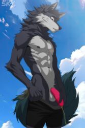 abs anthro bodily_fluids bottomwear canid canine canis circumcised circumcision_scar clothing fur genital_fluids genital_scar genitals hi_res humanoid_genitalia male mammal muscular muscular_male nervous nipples nude nude_male pecs peeing penis relieved scar shorts skyarts solo urine watersports wolf