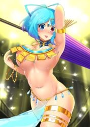 alternate_breast_size alternate_costume alternate_hairstyle arabian_clothes areola_slip areolae arm_up armlet armpits belly blue_eyes blue_hair blush bouncing_breasts bracelet breasts cleavage closed_umbrella cowboy_shot dancer dancing detached_collar female female_only forehead_jewel gradient_hair harem_outfit hatchet heterochromia highres hitotsuki_nebura jewelry kogasa_tatara large_breasts looking_at_viewer matching_hair/eyes multicolored_hair navel no_bra nose_blush oriental_umbrella pelvic_curtain ponytail purple_hair red_eyes revealing_clothes sarong see-through short_hair solo sparkle sweat thighlet tongue tongue_out touhou two-tone_hair umbrella underboob