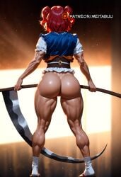 ai_generated ass ass_focus back blue_dress breasts cleft_of_venus close-up completely_nude dress female from_behind full_body hair_bobbles hair_ornament holding holding_scythe huge_ass lower_body meitabuu muscular muscular_female nude obi onozuka_komachi pussy red_eyes red_hair sandals sash scythe short_hair short_sleeves socks solo tabi thick_thighs thighs toned two_side_up