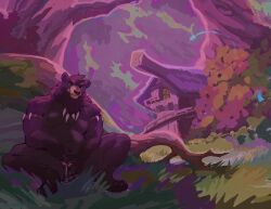 absurd_res anthro bear big_clitoris black_bear bodily_fluids bone bone_accessory bone_necklace bottomwear bottomwear_aside building clitoral clitoral_masturbation clitoris clothing clothing_aside cuntboy female female_(lore) forest forest_background furbolg genital_fluids genitals hi_res intersex jewelry loincloth loincloth_aside mammal masturbation nature nature_background necklace noonmarkart outdoor_nudity outside plant roots solo tongue tongue_out tree ursine vaginal_fluids