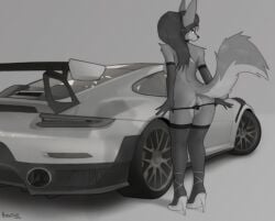2025 5_fingers absurd_res anthro arm_tuft armwear ass back_dimples barely_visible_genitalia biped black_nose breasts canid canine car choker clothed clothing digital_media_(artwork) female fingers footwear fur genitals giulia_(kaktajl) green_eyes hair hi_res high_heels jewelry kaktajl legwear looking_back mammal markings mole_(marking) monochrome multicolored_body multicolored_fur necklace partially_clothed ponytail porsche porsche_911 presenting presenting_hindquarters presenting_vulva pussy shoes shoulder_tuft side_boob signature simple_background solo spot_color tail thigh_highs topless tuft underwear underwear_down vehicle vulva