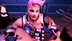 1boy 1girls 3d animated bare_shoulders erection eyebrows facial_scar female gif green_eyes hair handjob hands lick licking looking_at_viewer male muscular muscular_female nail_polish nose open_mouth overwatch penis penis_kiss penis_lick pink_hair scar short_hair source_filmmaker straight tattoo teeth tongue tongue_out zarya