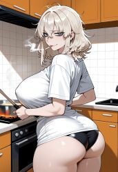 ai_generated ass bags_under_eyes black_panties blue_eyes breasts cigarette cigarette_in_mouth cooking female from_behind hair_between_eyes holding_object huge_breasts indoors looking_at_viewer looking_back messy_hair milf mouth_hold original panties platinum_blonde_hair self_upload skindentation smile smoking solo thick_thighs thighs underwear yukiguni_yuu_(style)