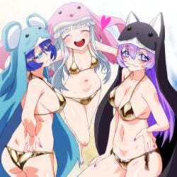3girls absurd_res absurdres ass barefoot bikini blue_hair butt digimon digimon_(species) digimon_ghost_game feet female gerusyu golden_bikini golden_week grey_hair hi_res highres light-skinned_female long_hair nun pink_nails sistermon sistermon_blanc sistermon_ciel sistermon_noir toei_animation toes