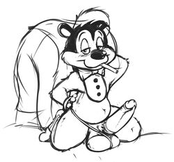anthro balls blush bow_tie cigarette clothing cuffs_(disambiguation) emenius erection half-closed_eyes hand_behind_head hand_on_hip kneeling looking_at_viewer looney_tunes male male_only monochrome panties penis pepe_le_pew pose presenting pubes simple_background smooth_fur solo spats underwear warner_brothers