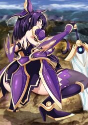 2d 2d_(artwork) armor armored_boots armored_dress armored_female armored_gloves ass back_view big_ass bubble_butt date_a_live light-skinned_female purple_eyes purple_hair solo solo_female thick_thighs thighs yatogami_hebikura