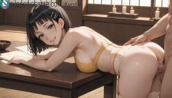 1boy 1girls ai_generated anus artist_name artist_signature ass bent_over black_hair bra breasts doggy_style garter_belt green_eyes hair_ornament hi_res high_resolution highres indoors kirigaya_suguha kurutai large_breasts looking_at_viewer looking_back panties penis pussy sex sex_from_behind short_hair smile solo_focus straight subscribestar subscribestar_username sword_art_online thighhighs uncensored underwear underwear_only vaginal_penetration yellow_bra