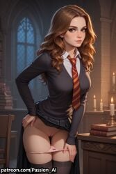 ai_generated bent_over brown_eyes brown_hair cloak female harry_potter hermione_granger indoors looking_at_viewer panties_down pink_panties pussy seductive sexy_pose shirt skirt stockings tie undressing