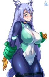 1girls 2022 big_breasts big_thighs female jmg latex_suit light_blue_hair my_hero_academia nejire_hado nejire_hado_(hero_outfit) smiling smiling_at_viewer standing yellow_gloves