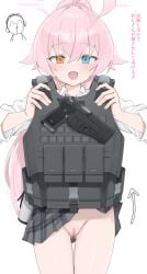 1boy absurdres ahoge arrow_(symbol) black_skirt blood blue_archive blue_eyes bulletproof_vest censored clothes_lift cowboy_shot doodle_sensei_(blue_archive) female groin gun halo handgun heterochromia highres hoshino_(armed)_(blue_archive) hoshino_(blue_archive) long_hair long_sleeves miniskirt mosaic_censoring no_panties nosebleed oerba_yun_fang official_alternate_costume open_mouth orange_eyes pink_hair pink_halo plaid_clothes plaid_skirt pleated_skirt ponytail pussy sensei_(blue_archive) shengtian shirt simple_background skirt skirt_lift translation_request weapon white_background white_shirt