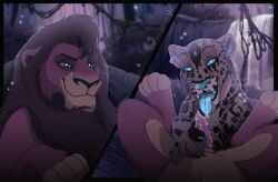 animal_genitalia animal_penis bedroom_eyes bodily_fluids brown_body cum cum_on_face cum_on_tongue digital_drawing_(artwork) digital_media_(artwork) disney duo erection feet felid feline feline_genitalia feline_penis fellatio feral first_person_view fuegobloodwing2000 fur genital_fluids genitals hair hi_res jaguar kovu_(the_lion_king) kozaar_(ragnar9th) lion looking_at_another lying male male/male mammal markings narrowed_eyes on_back open_mouth oral outside pantherine paws penile penis seductive sex smile spots spread_legs spreading the_lion_king tongue tongue_out wandalioness
