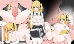3boys absurdres all_fours anus artist_request black_skirt blonde_hair blush bound bound_wrists breasts cleavage closed_mouth commission completely_nude cum cum_in_pussy cum_overflow doggy_style erection female gangbang group_sex highres large_breasts long_hair looking_at_viewer lying missionary multiple_boys multiple_views nipples nude on_back open_mouth original penis purple_eyes pussy second-party_source sex shirt skirt solo_focus straight uncensored vaginal_penetration white_shirt