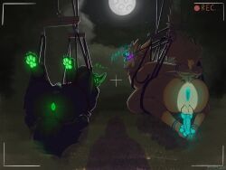 4_ears animal_genitalia animal_penis anthro anus armorless_protogen ass balls being_watched black_body black_fur blue_anus blue_pawpads blue_penis bondage bondage bound brown_body brown_fur camera_view chastity_cage chastity_device claws cuff_(restraint) detailed_background digital_media_(artwork) duo dusk_(lava) ecording erection feet fluffy fluffy_tail fully_bound fur gag genital_piercing genitals glowing glowing_eyes glowing_genitalia glowing_penis green_anus green_pawpads green_penis handcuffed handcuffs hands_behind_back hi_res knot knotted_penis light looking_at_another looking_pleasured looking_surprised machine male male/male mammal metal_cuffs moonlight multi_ear neck_tuft night no_name(no_name) no_name_(artist) nude open_mouth outside pawpads paws penis penis_piercing piercing protogen restraints ring_gag rope rope_bondage submissive tail tan_body tan_fur text toes tongue tuft