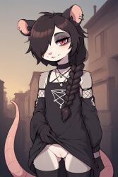 ai_generated anthro bare_shoulders black_hair braided_hair choker detached_sleeves dress_lift ear_piercing female female_only fishnets flashing furry goth grey_body hair_over_one_eye no_panties opossum pink_eyes pussy thighhighs young