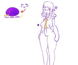big_breasts blob blush breasts duo ear_piercing ear_ring female funny genitals goo_creature hair heart_symbol humanoid navel necktie nipples nude oc original original_character piercing purple_body pussy ring_piercing simple_background smile solo text thick_thighs tongue tongue_out waid waiola_(waid) white_background wide_hips yellow_eyes
