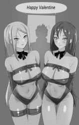2girls _e_v_o_n_0 akihitoevon big_ass big_breasts breasts crusch_karsten female horny hourglass_figure looking_at_partner looking_at_viewer natsuki_subaru priscilla_barielle re:zero_kara_hajimeru_isekai_seikatsu smile thick_thighs valentines_day wrapped