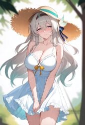 ai_generated alternate_costume bare_arms bare_shoulders black_hairband blue_ribbon blurry blush breasts cleavage closed_mouth collarbone cowboy_shot dress female firefly_(honkai:_star_rail) frilled_dress frills gradient_hair grey_hair hair_between_eyes hair_intakes hair_ribbon hairband hat honkai:_star_rail large_breasts long_hair looking_at_viewer multicolored_hair outdoors pink_eyes purple_eyes ribbon shadowrealmarts sidelocks sleeveless sleeveless_dress smile solo straw_hat sundress thighs uncensored white_dress