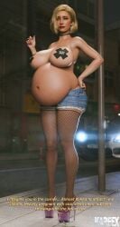 alternate_hair_color ashley_(karfex) blonde_hair breasts choker cigarette fishnets high_heels huge_breasts karfex pasties pregnant prostitution text