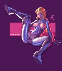 blonde_hair blue_eyes breasts female hyperitta metroid nintendo pussy samus_aran torn_clothes zero_suit_samus