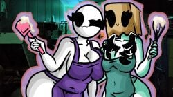 2girls apron apron_only bald bald_female black_eyes black_hair breasts breasts_pressed_against_partner chetoh claire_(chetoh) cleavage cream egg female female_focus female_only green_apron hair laddle oc original original_character original_characters paper_bag paper_bag_on_head photo_background purple_apron rose_(chetoh) whisk white_body