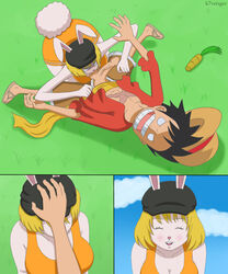 0_0 ^_^ artist_request biting blonde_hair blush breasts bunny carrot_(one_piece) cleavage cock_and_ball_torture female grass happy hat looking_at_viewer male mink_tribe monkey_d_luffy o_o one_piece oral penis petting rabbit_ears rabbit_tail sex short_hair smile testicles