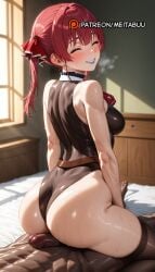 1boy abs ai_generated ascot ass assjob back bare_shoulders black_leotard black_thighhighs blush breasts buttjob censored closed_eyes clothed_female_nude_male cowgirl_position dark-skinned_male dark_skin erection female grin hair_ribbon hololive hololive_fantasy hololive_japan houshou_marine houshou_marine_(1st_costume) indoors interracial large_breasts large_penis leotard long_hair looking_back male medium_breasts meitabuu mosaic_censoring muscular muscular_male nude on_bed penis red_ascot red_hair red_ribbon reverse_cowgirl_position ribbon smile solo_focus straddling straight sweat thighhighs thighs twintails virtual_youtuber