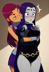 ai_generated biting_ear dc dc_comics female hug raven_(dc) starfire teen_titans torwus yuri