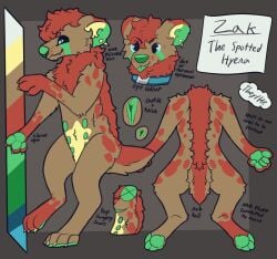 3_fingers anthro belly_nipples big_clitoris blep blue_eyes brown_body brown_fur claws clitoris collar cuntboy facial_markings fingers fluffy fur futanari genitals green_paws head_markings hi_res hyena intersex mammal mane markings mastectomy_scar model_sheet muskysaber nub_tail piercing red_body red_fur scar solo spots spotted_body spotted_hyena star_(marking) tear_(marking) tongue tongue_out yellow_body yellow_claws yellow_fur zak(muskysaber)